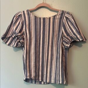 CAbi Blue and Cream Ruffled Puff Sleeve Blouse